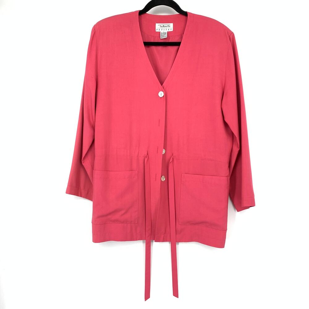 VTG Talbots Petites Tie Waist Jacket Womens Sz 8P Pink Silk V-Neck Button Front